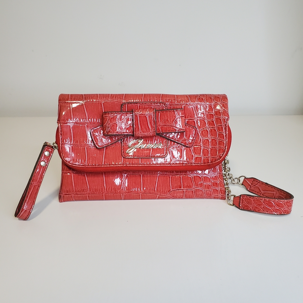 Guess Red Croc-Embossed Clutch with Bow